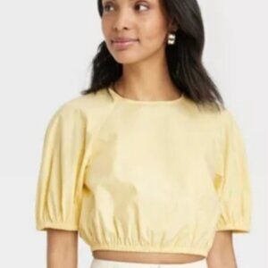 A NEW DAY WOMEN'S YELLOW PUFFED SLEEVE CROPPED BLOUSE